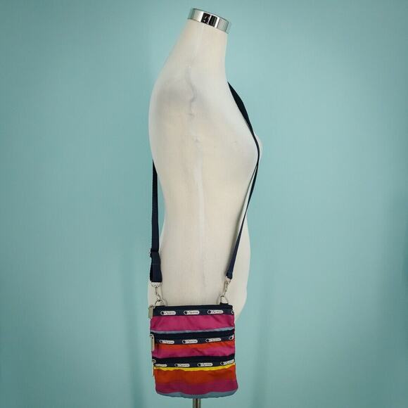 Le Sportsac Rainbow Stripe Three Zip Fabric Crossbody Shoulder Strap Bag Handbag - Picture 1 of 7